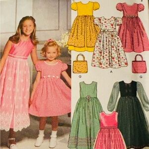 Vintage Girls Simplicity 9497 Dresses Bags Sizes 3-6, 7-14 New Uncut
